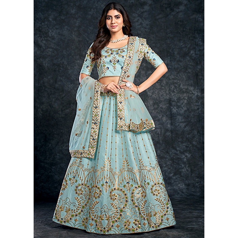 3 Pc Sky Blue Silk Semi Stitched Lehenga Set - JD986596959