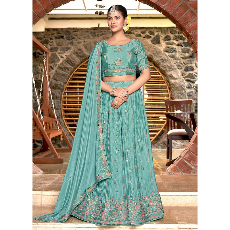 3 Pc Sky Blue Silk Semi Stitched Lehenga Set - JD986596989