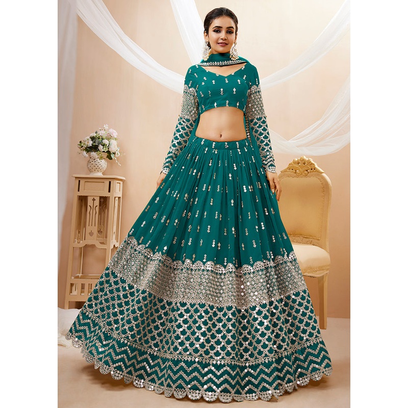 3 Pc Teal Blue Georgette Semi Stitched Lehenga Set - JD986596983