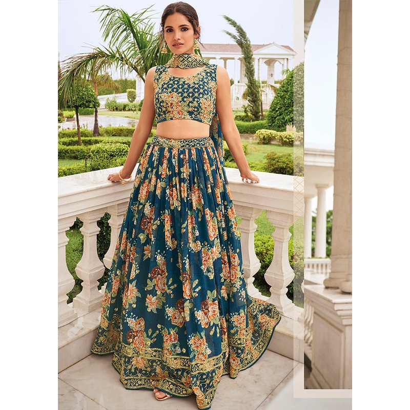 3 Pc Teal Georgette Semi Stitched Lehenga Set - JD986596936