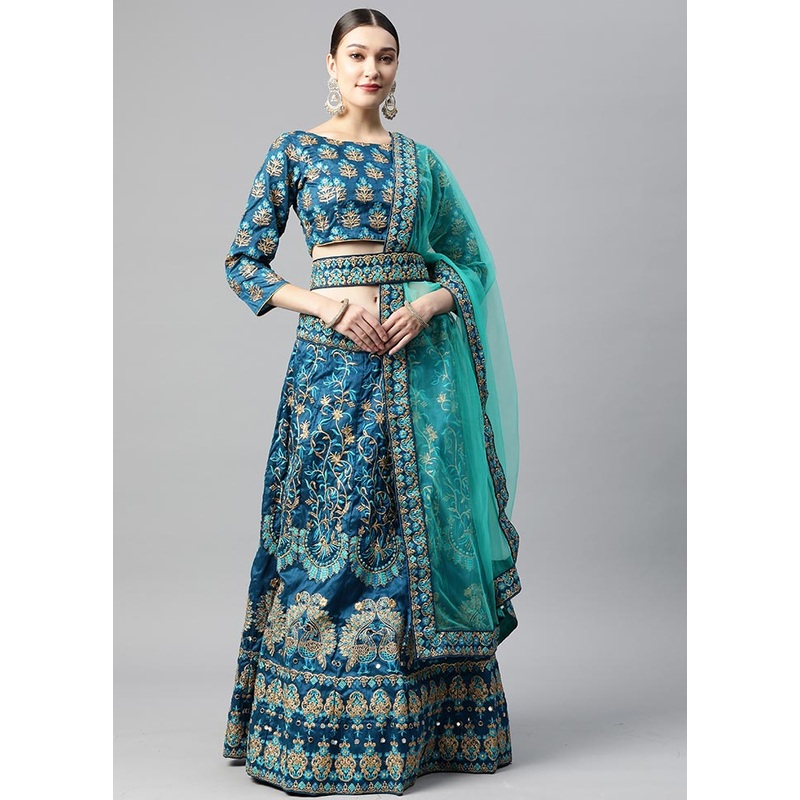 3 Pc Turquoise Crepe Semi Stitched Lehenga Set - JD986596991