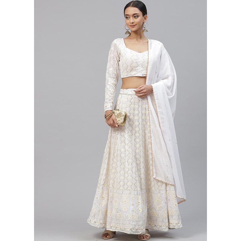 3 Pc White Crepe Semi Stitched Lehenga Set - JD986596993