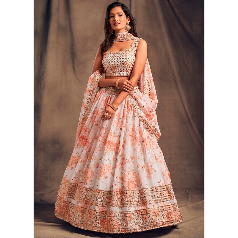 3 Pc White Net Semi Stitched Lehenga Set - JD986596948