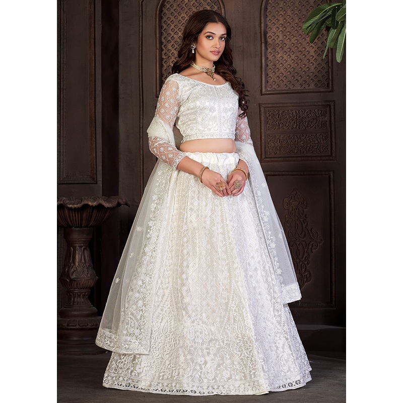 3 Pc White Net Semi Stitched Lehenga Set - JD986596962