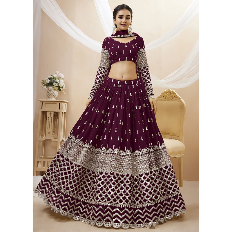 3 Pc Wine Georgette Semi Stitched Lehenga Set - JD986596981