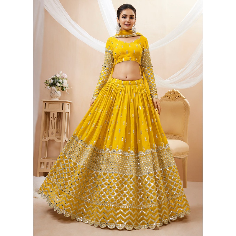 3 Pc Yellow Georgette Semi Stitched Lehenga Set - JD986596980