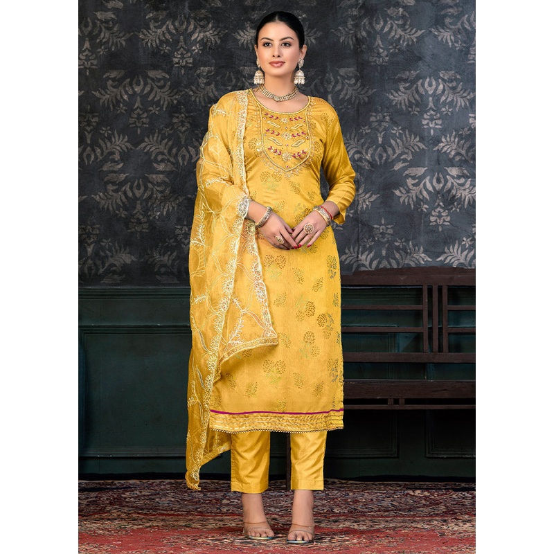 3 Pc Yellow Semi Stitched Organza Suit Set - JD986597019