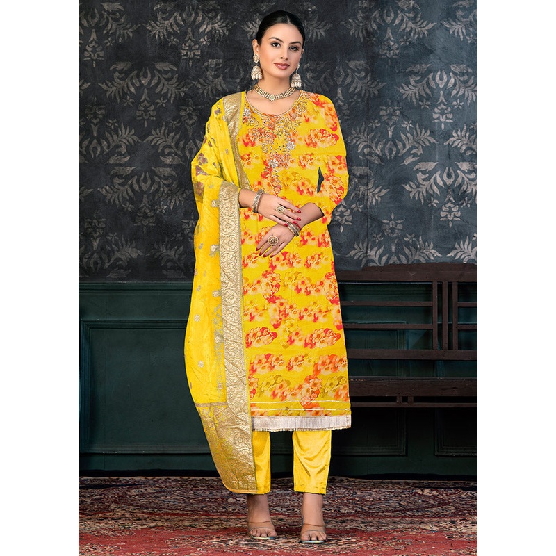 3 Pc Yellow Semi Stitched Organza Suit Set - JD986597034