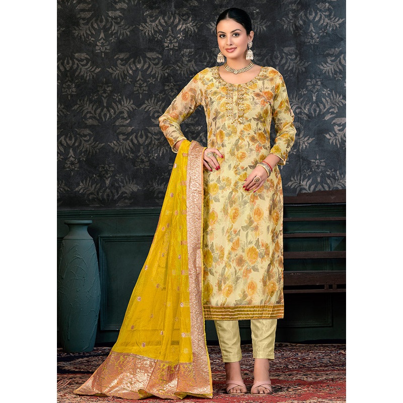 3 Pc Yellow Semi Stitched Organza Suit Set - JD986597054