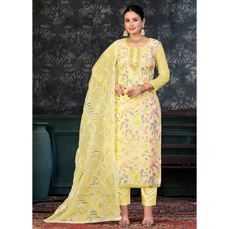 3 Pc Yellow Semi Stitched Organza Suit Set - JD986597065