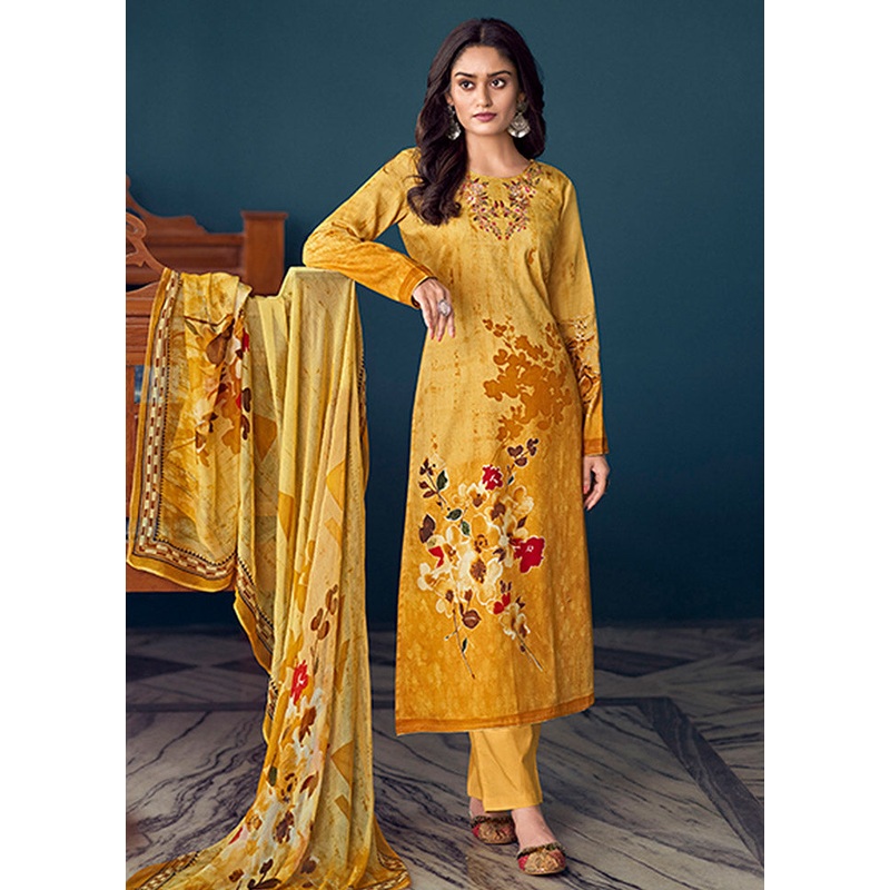 3 Pc Yellow Semi Stitched Silk Suit Set - JD986597056
