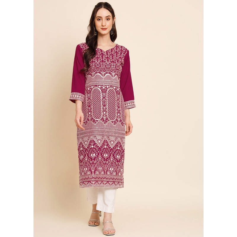 Burgundy Readymade Georgette Chikankari Kurti - JD986597002