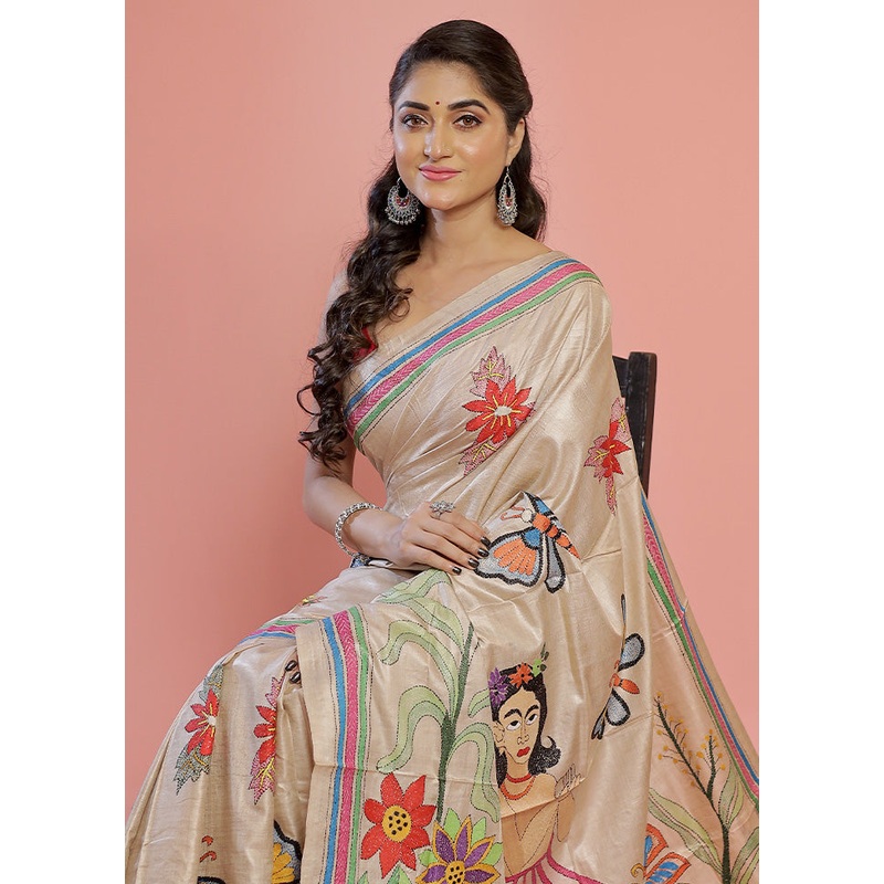 Cream Kantha Stitch Pure Silk Saree With Blouse Piece - JD986596886