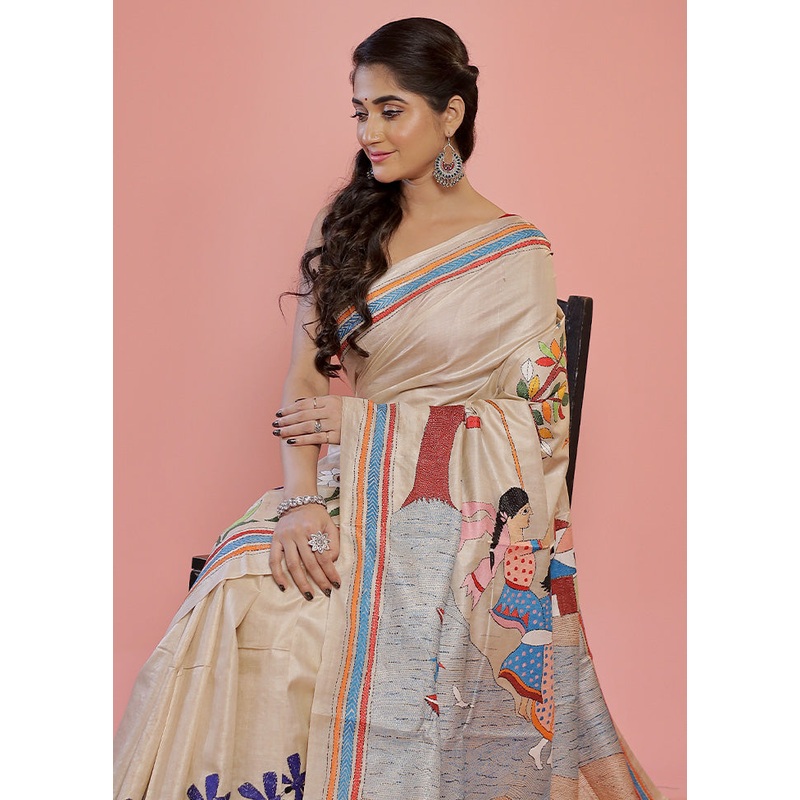 Cream Kantha Stitch Pure Silk Saree With Blouse Piece - JD986596887