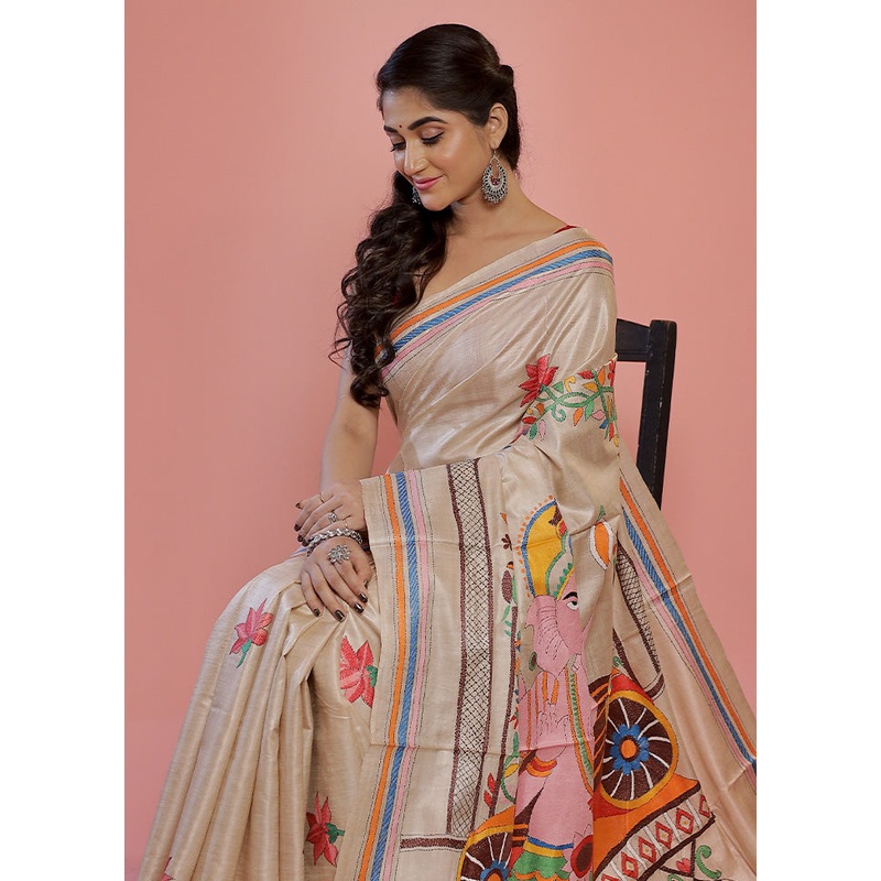 Cream Kantha Stitch Pure Silk Saree With Blouse Piece - JD986596888