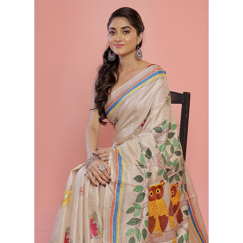 Cream Kantha Stitch Pure Silk Saree With Blouse Piece - JD986596889