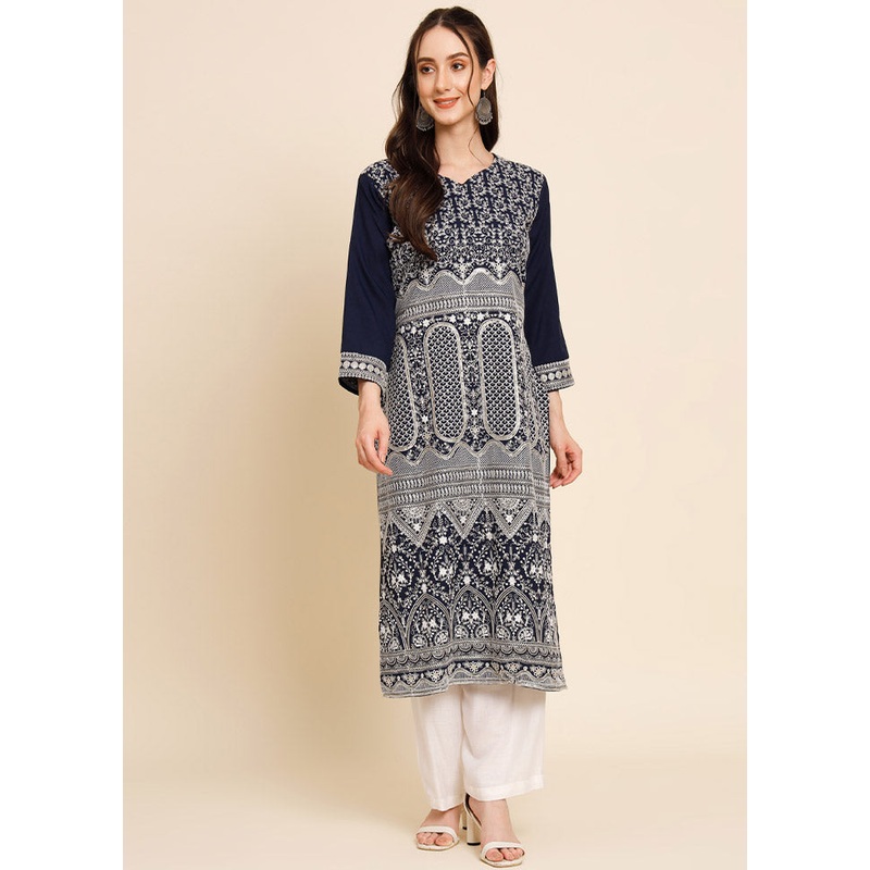 Navy Blue Readymade Georgette Chikankari Kurti - JD986597006