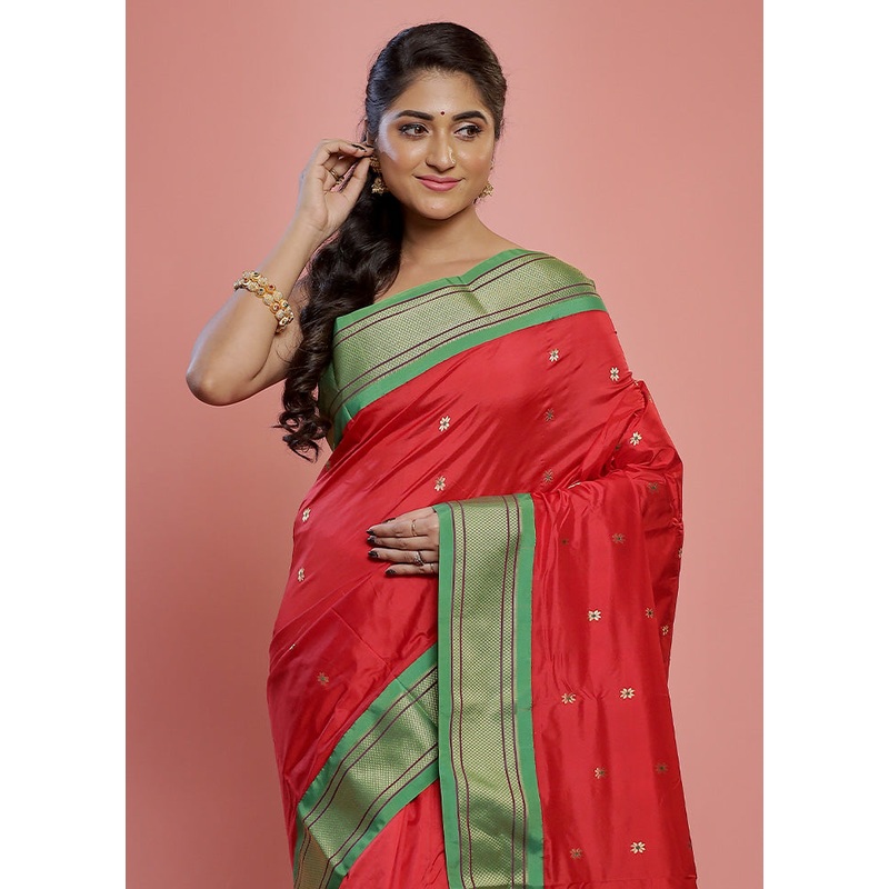 Red Pure Paithani Kanjivaram Saree With Blouse Piece - JD986596885