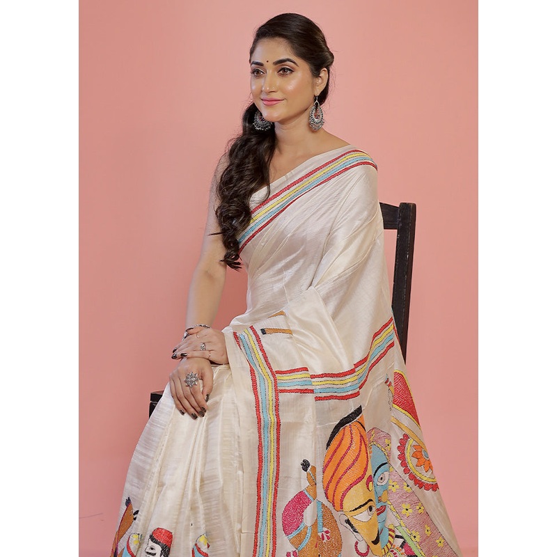 White Kantha Stitch Pure Silk Saree With Blouse Piece - JD986596890