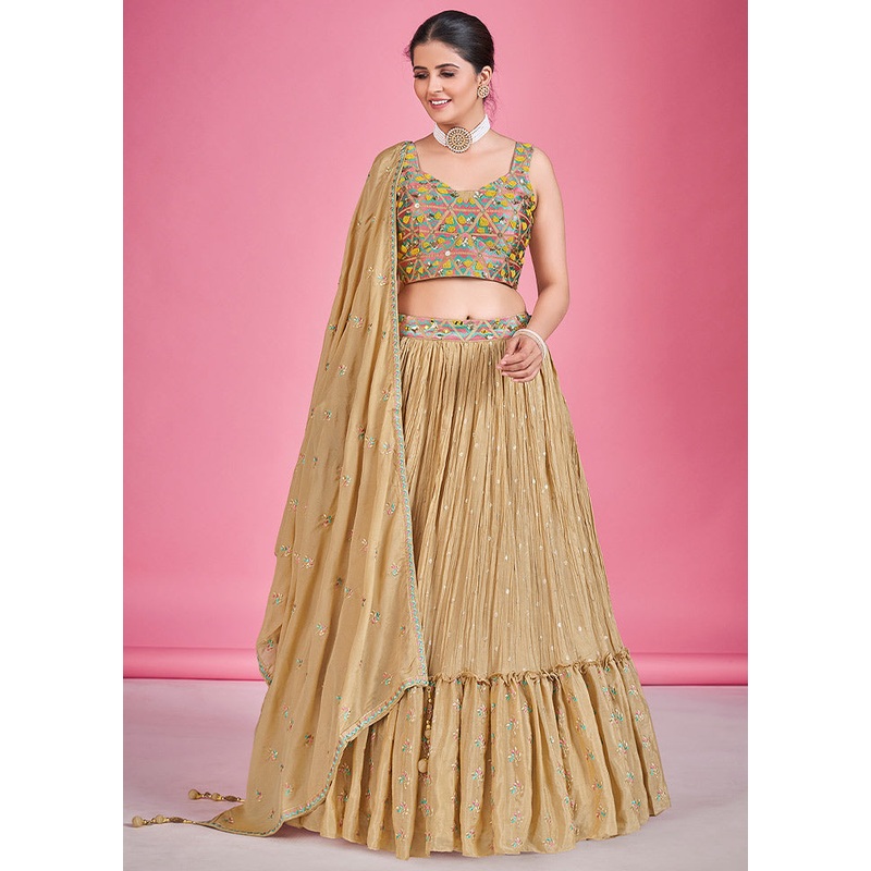 3 Pc Beige Georgette Lehenga Set - JD986596787