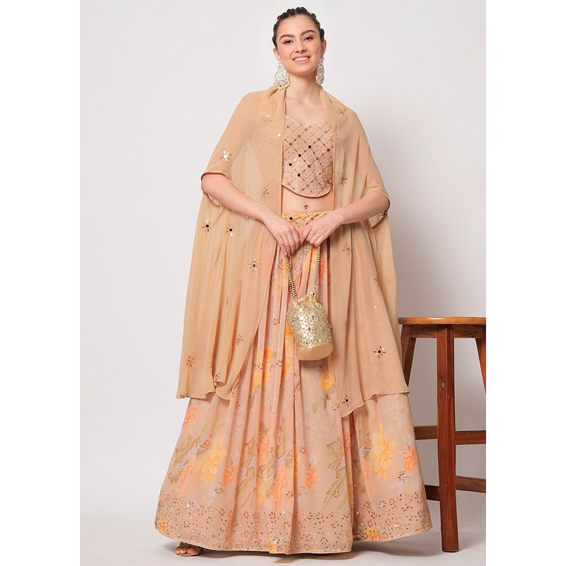 3 Pc Beige Semi Stitched Georgette Lehenga Set - JD986596689