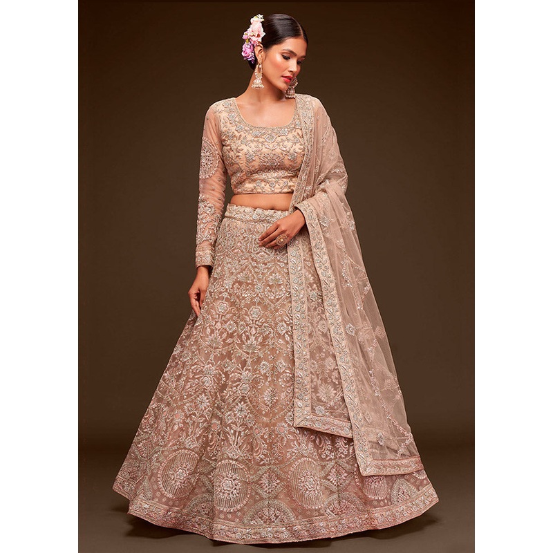 3 Pc Beige Semi Stitched Pure Net Lehenga Set - JD986596751