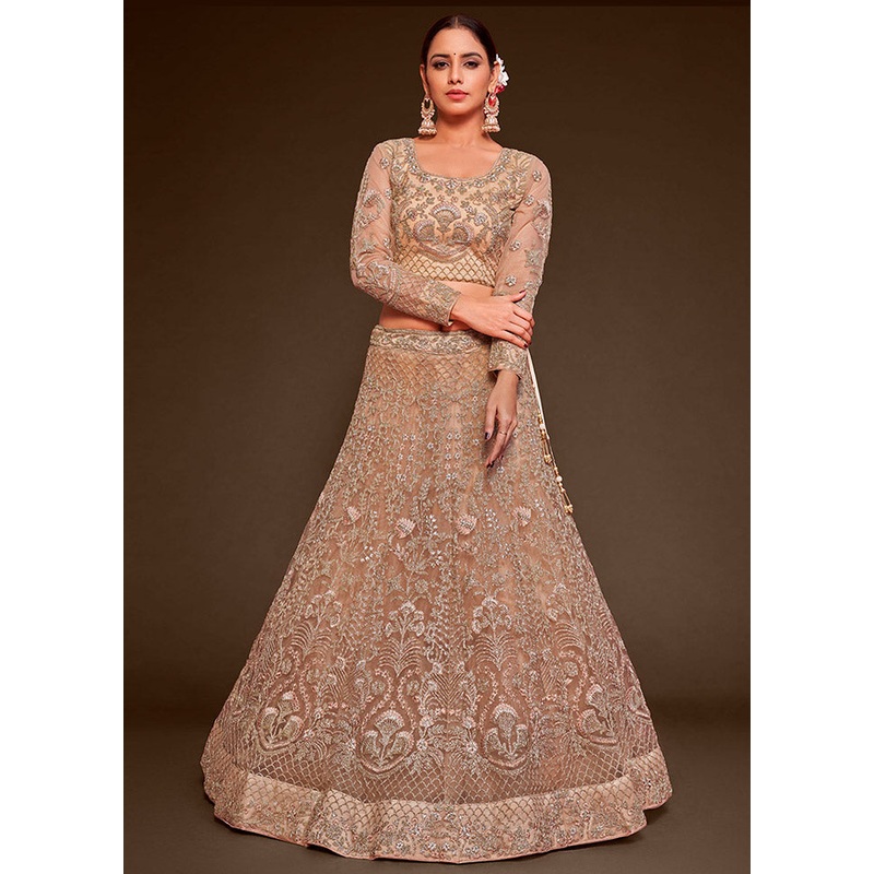 3 Pc Beige Semi Stitched Pure Net Lehenga Set - JD986596755
