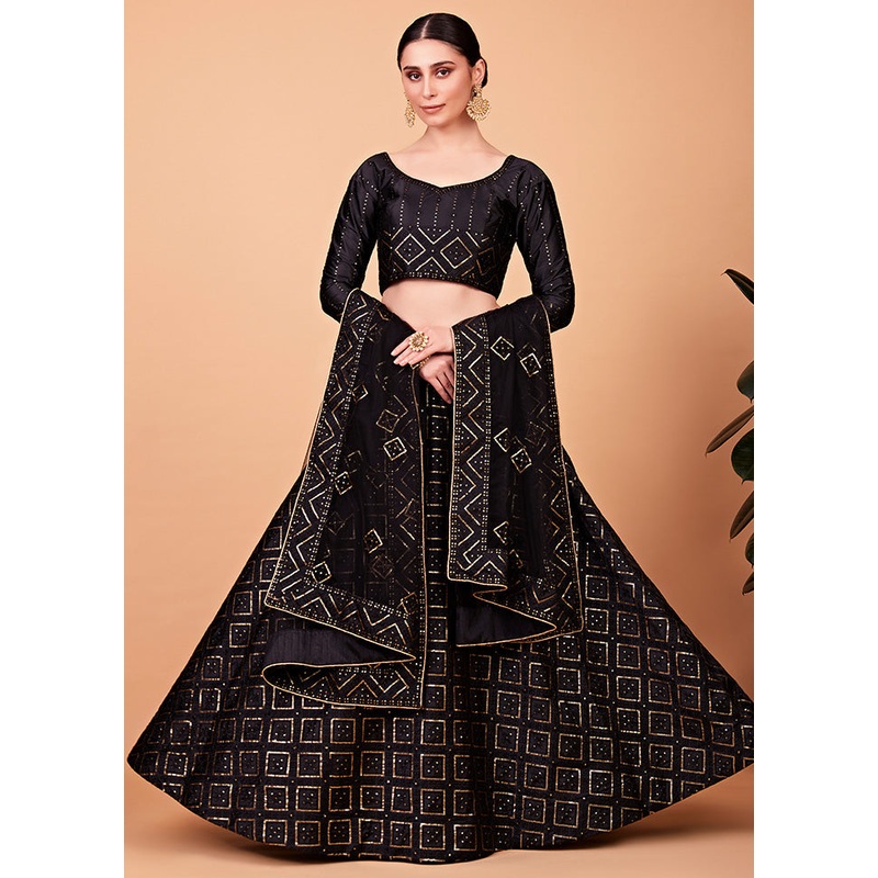 3 Pc Black Semi Stitched Silk Lehenga Set - JD986596676