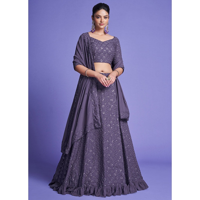 3 Pc Blue Georgette Semi Stitched Lehenga Set - JD986596826