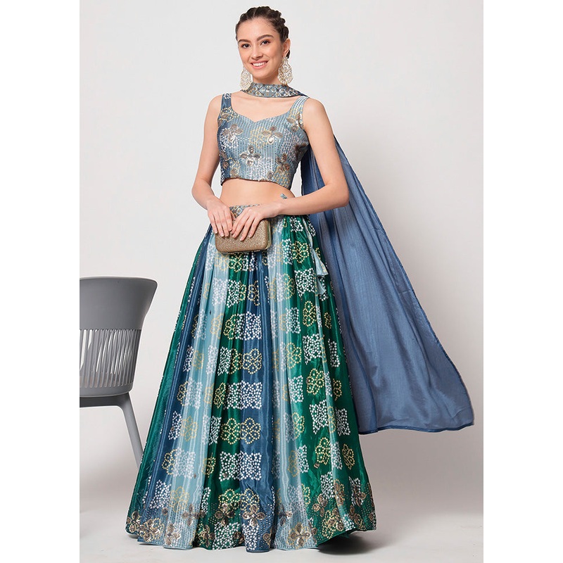3 Pc Blue Semi Stitched Chinon Silk Lehenga Set - JD986596686