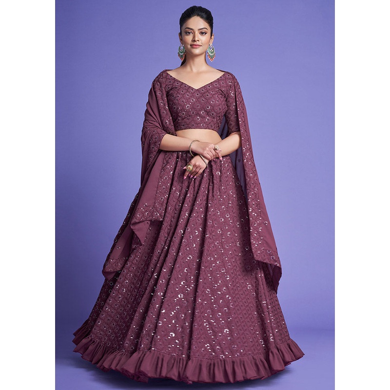 3 Pc Burgundy Georgette Semi Stitched Lehenga Set - JD986596829