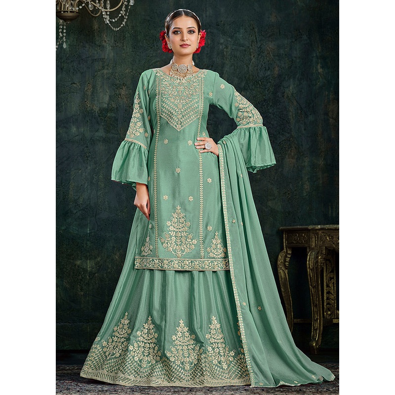3 Pc Green Chinon Lehenga Set - JD986596790