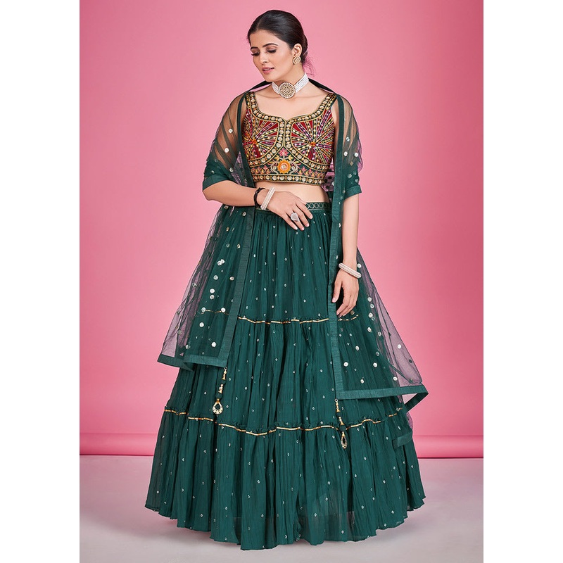 3 Pc Green Georgette Lehenga Set - JD986596783