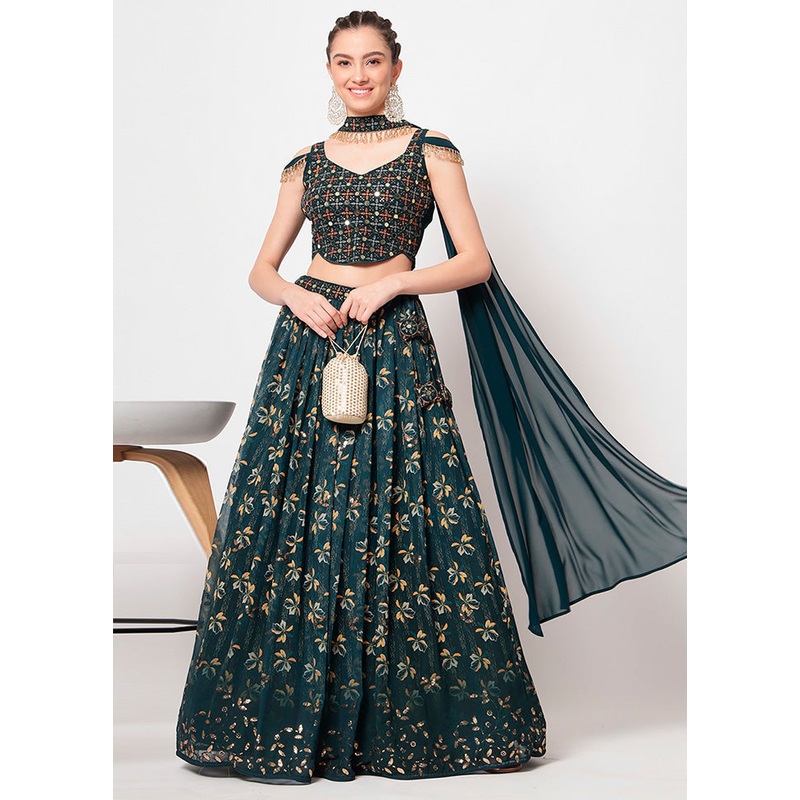 3 Pc Green Semi Stitched Georgette Lehenga Set - JD986596687