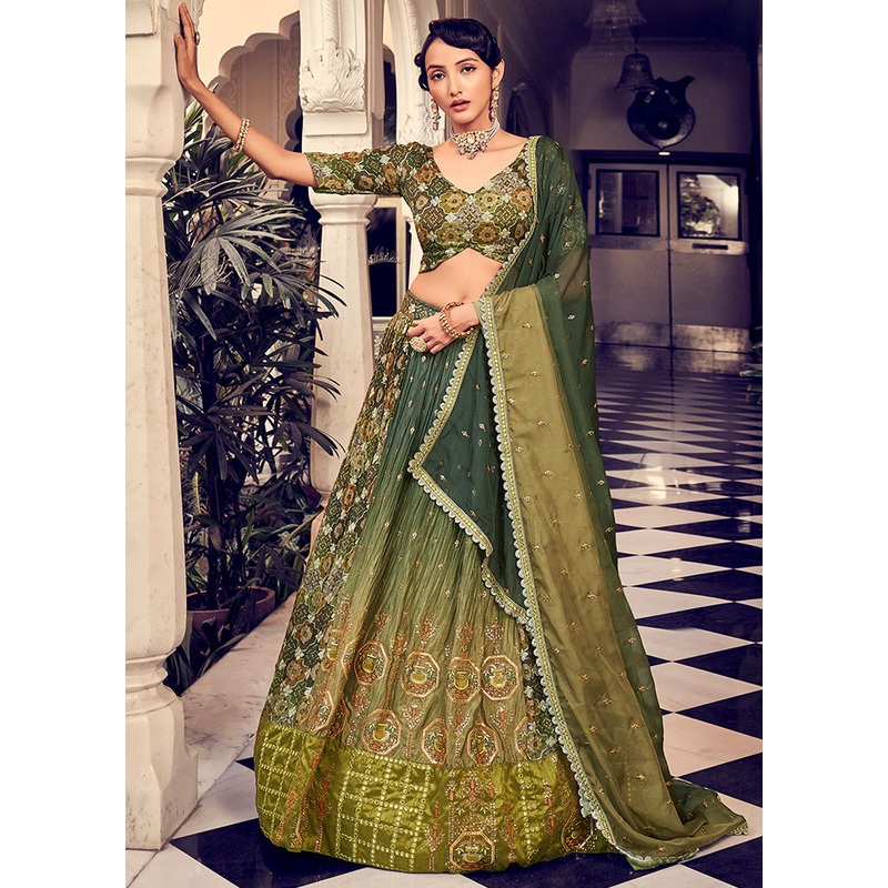 3 Pc Green Semi Stitched Silk Lehenga Set - JD986596698