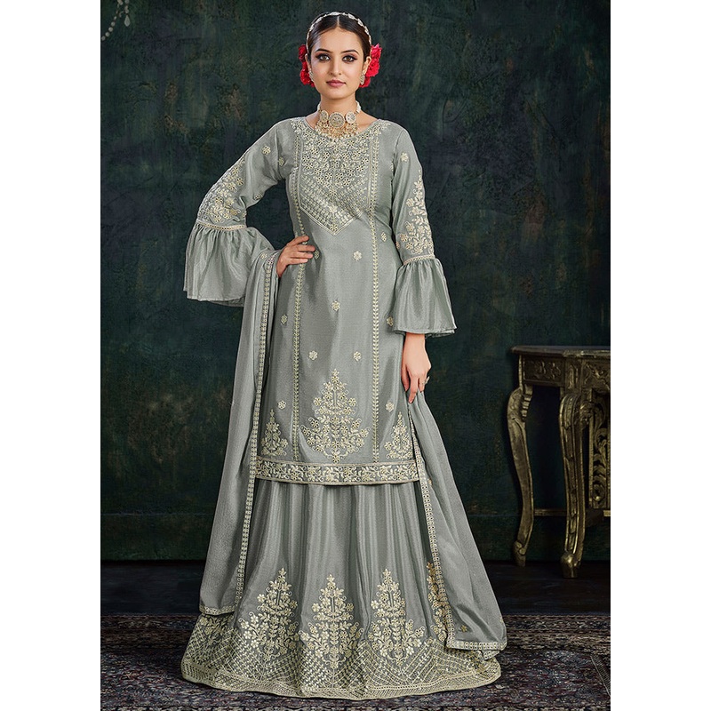 3 Pc Grey Chinon Lehenga Set - JD986596792
