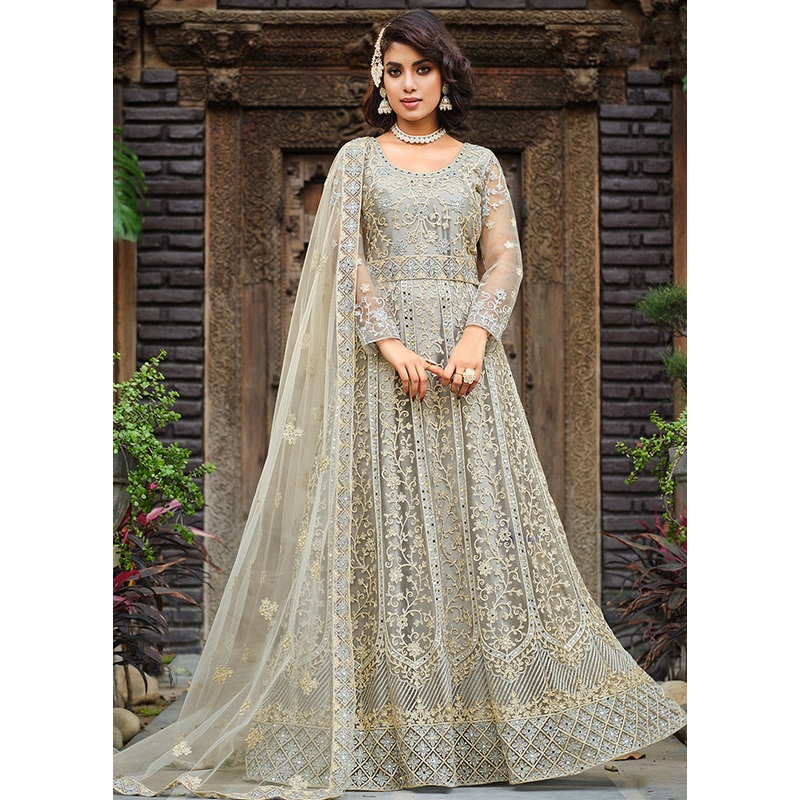 3 Pc Grey Net Semi Stitched Lehenga Set - JD986596818