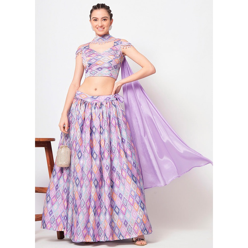 3 Pc Lavender Semi Stitched Chinon Silk Lehenga Set - JD986596690