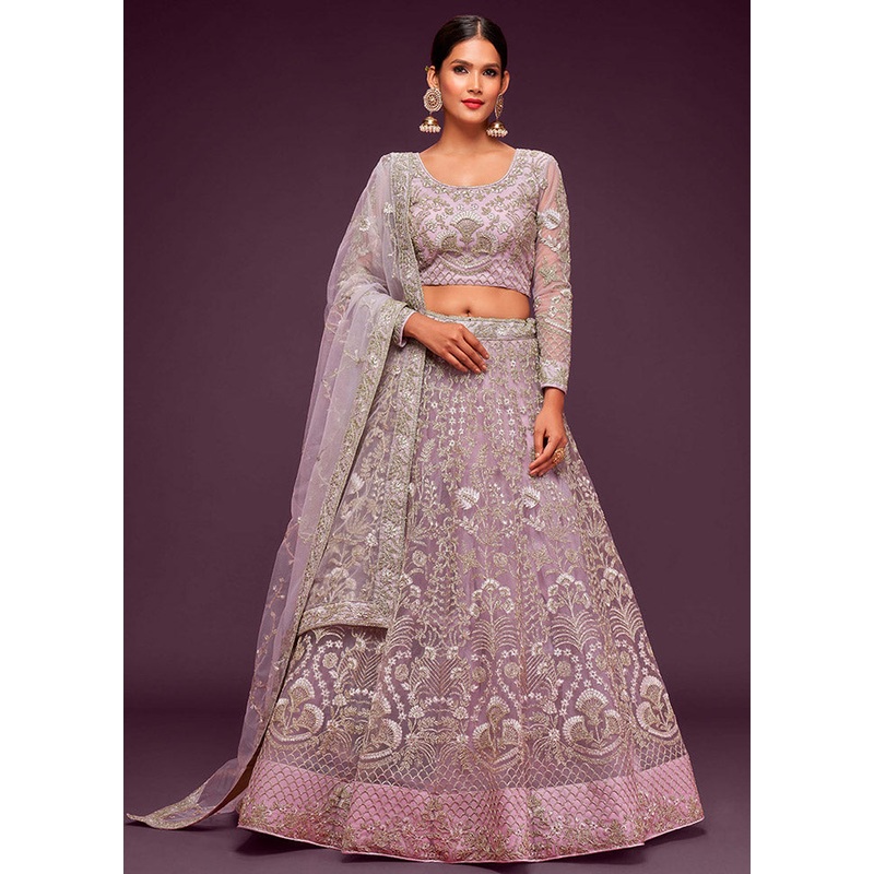 3 Pc Lavender Semi Stitched Pure Net Lehenga Set - JD986596750