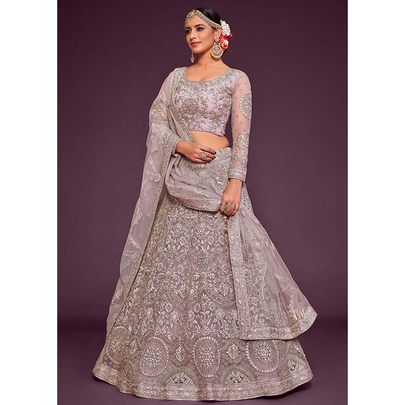 3 Pc Lavender Semi Stitched Pure Net Lehenga Set - JD986596754