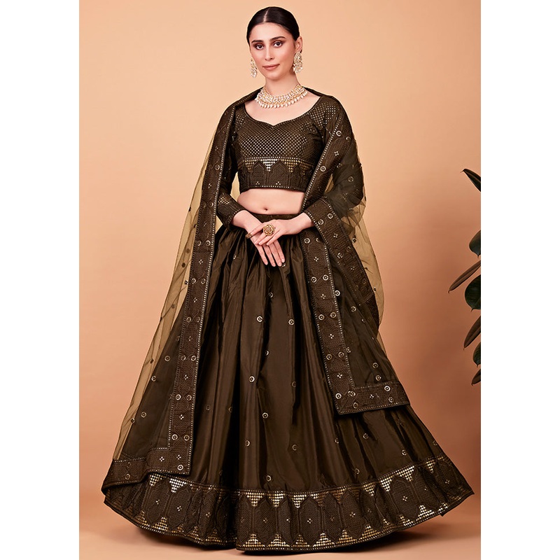 3 Pc Mahendi Semi Stitched Silk Lehenga Set - JD986596674