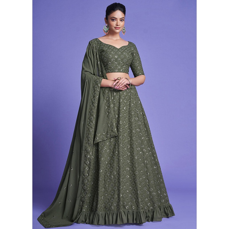 3 Pc Mehendi Georgette Semi Stitched Lehenga Set - JD986596827