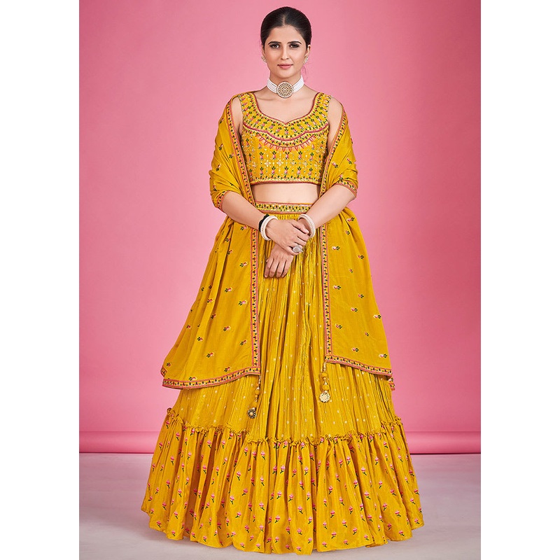 3 Pc Mustard Georgette Lehenga Set - JD986596788