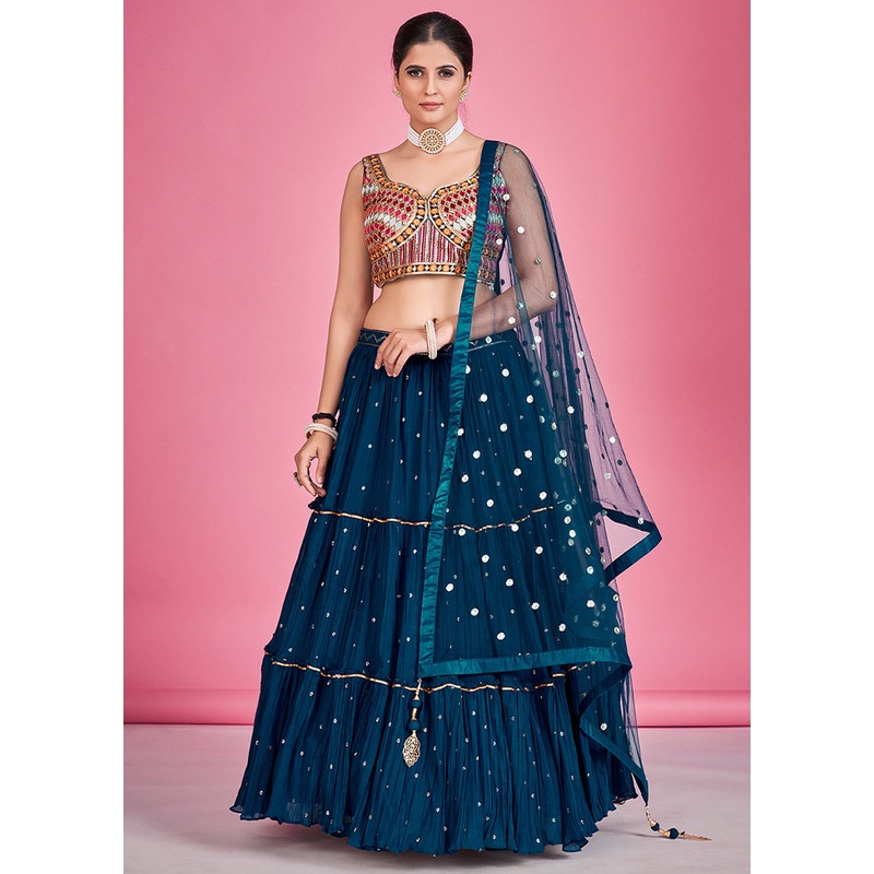 3 Pc Navy Blue Georgette Lehenga Set - JD986596784