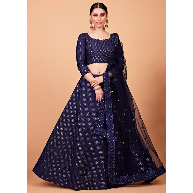3 Pc Navy Blue Semi Stitched Silk Lehenga Set - JD986596678