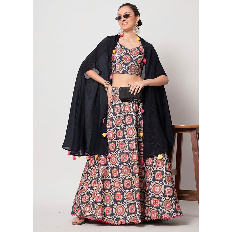 3 Pc Nevy Blue Semi Stitched Chinon Silk Lehenga Set - JD986596688