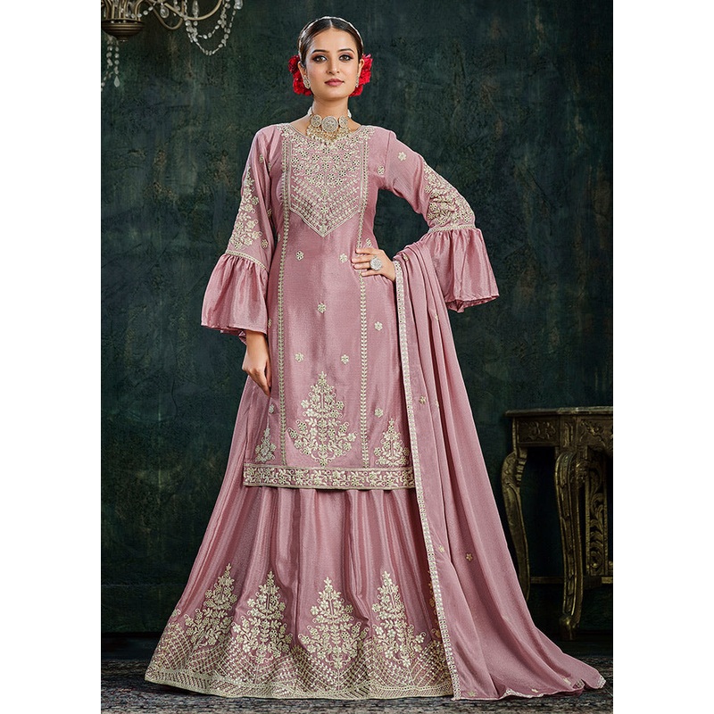 3 Pc Pink Chinon Lehenga Set - JD986596789