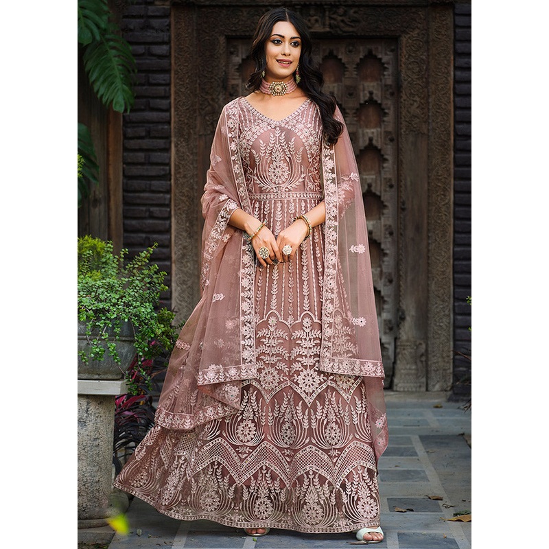 3 Pc Pink Net Semi Stitched Lehenga Set - JD986596820