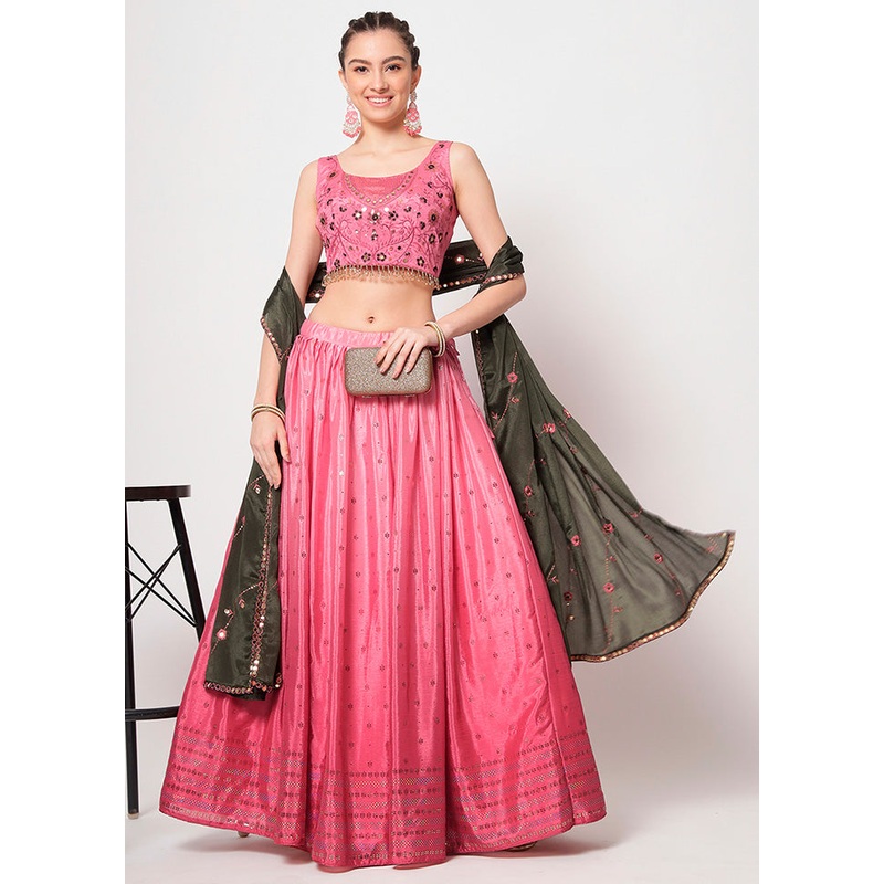3 Pc Pink Semi Stitched Chinon Silk Lehenga Set - JD986596685