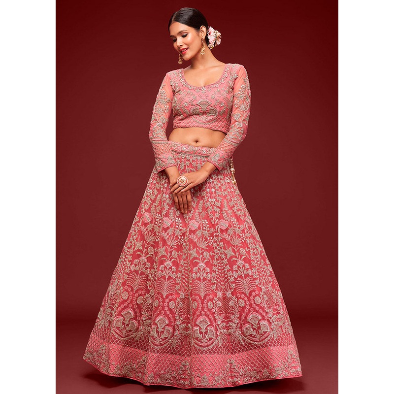 3 Pc Pink Semi Stitched Pure Net Lehenga Set - JD986596748